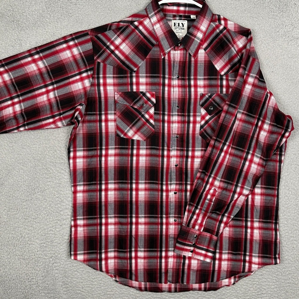 Ely Cattleman Shirt Mens XL Western Pearl Snap Red Black Plaid Button Up EUC